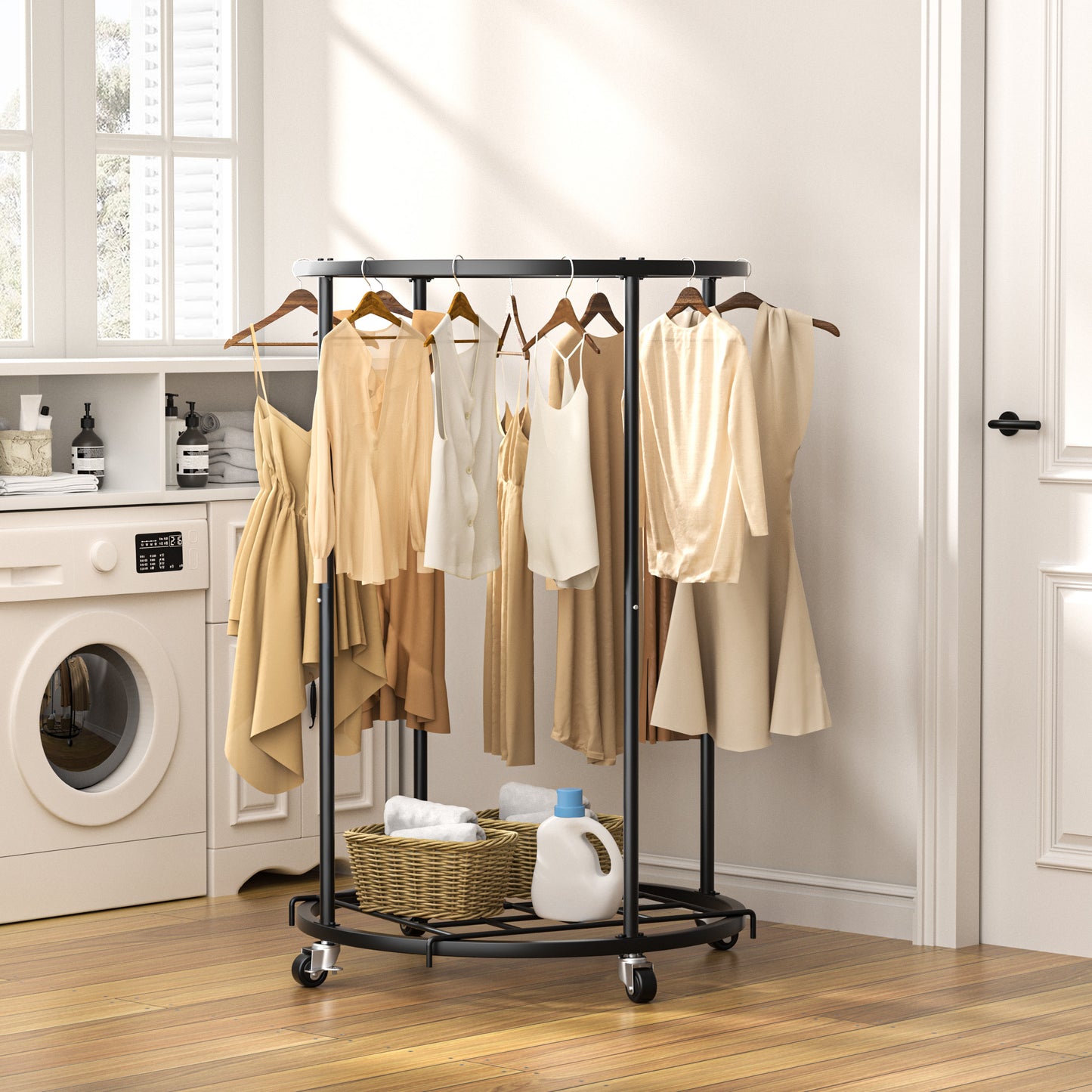 Nefoso Clothing Garment Rack with 4 Wheels and Shelf,Round Clothes Rack Rolling Clothes Organizer for Bedroom(Black)