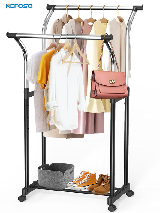 Nefoso Clothing Garment Rack with 4 Wheels Adjustable Standard Rolling Clothes Organizer for Hanging Clothes, Chrome（Black)