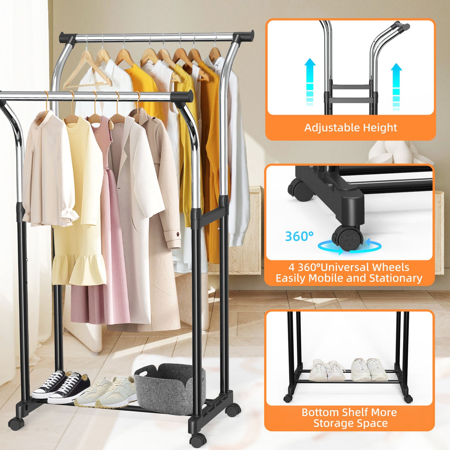 Nefoso Clothing Garment Rack with 4 Wheels Adjustable Standard Rolling Clothes Organizer for Hanging Clothes, Chrome（Black)