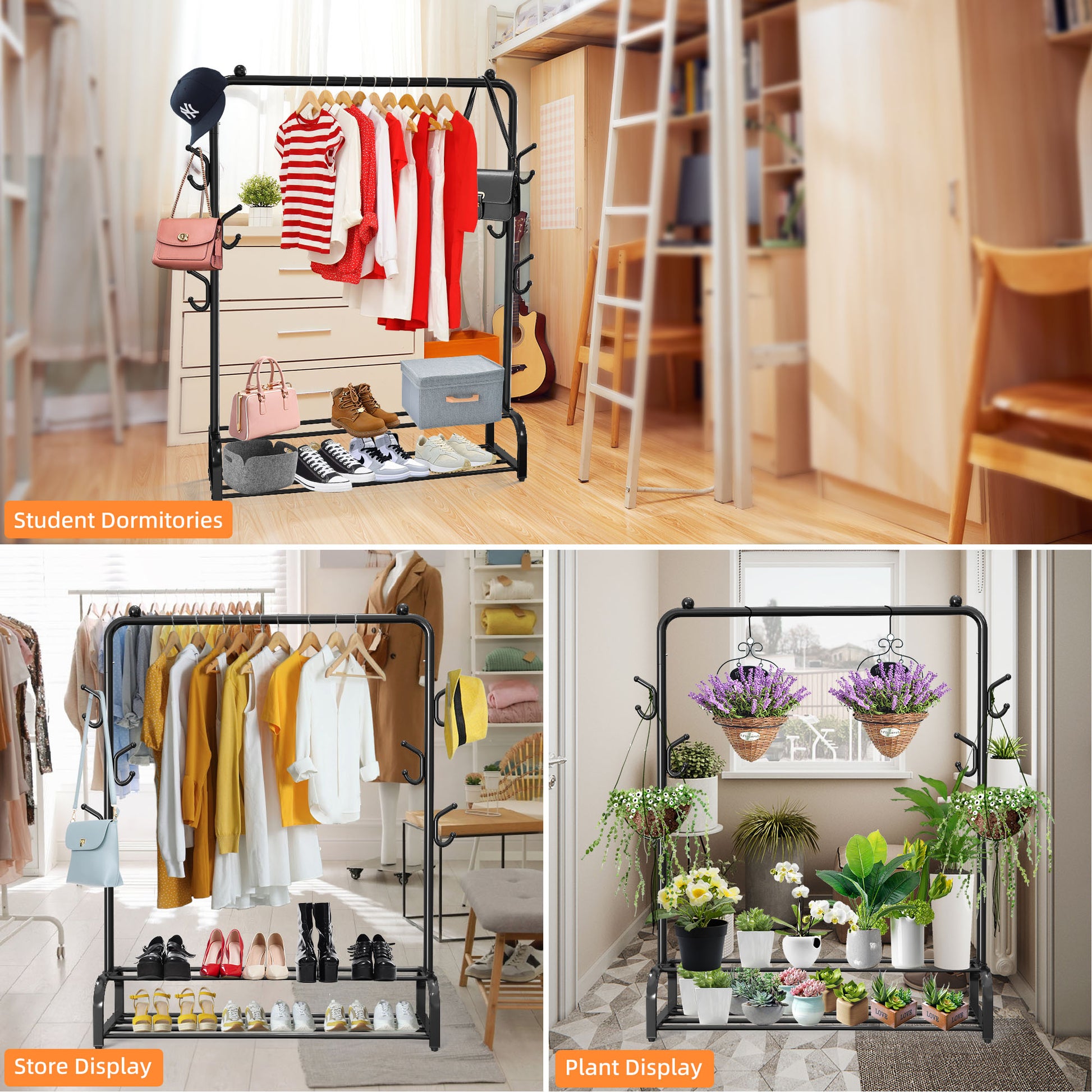 plant clothes rack NEFOSO Clothing Garment Rack with 6 Hooks and Double Bottom Shelf Stan