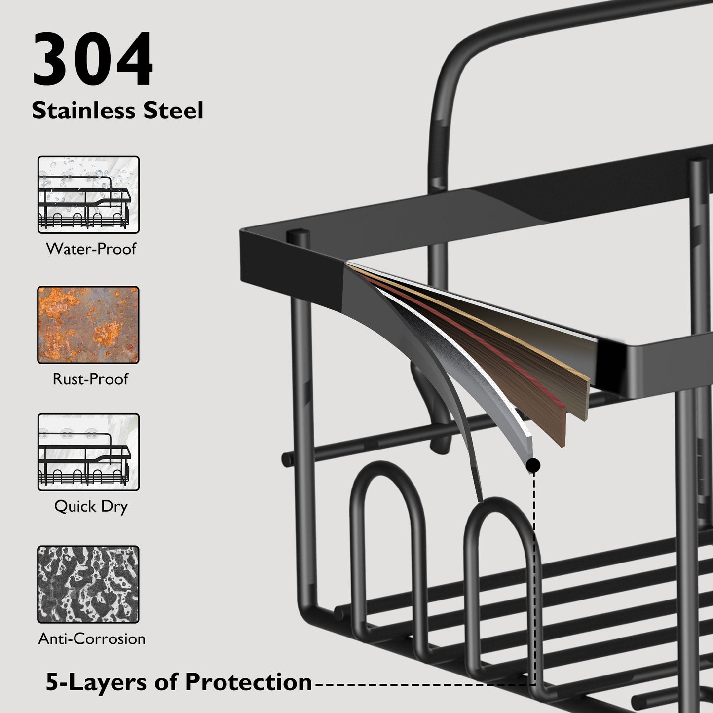 5/6 Pack Bathroom Shower Caddy Shelf Organizer, with Toothbrush,Soap Dishes, No Drilling Wall Mount Adhesive Shelf for Inside Shower,Kitchen(Black)