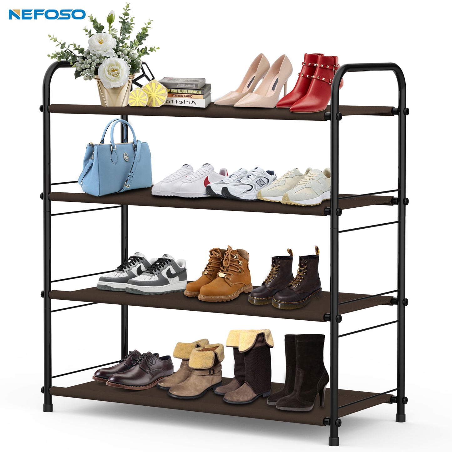 NEFOSO Shoe Rack Shoe Organizer Oxford Fabric with Double Row Side Pockets Adjustable Stackable and Expandable Shoe Rack for Closet Entrance Bedroom, Brown