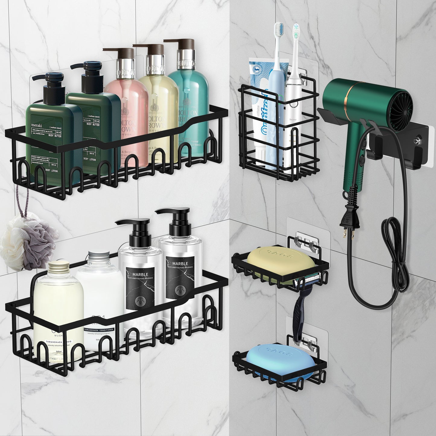 5/6 Pack Bathroom Shower Caddy Shelf Organizer, with Toothbrush,Soap Dishes, No Drilling Wall Mount Adhesive Shelf for Inside Shower,Kitchen(Black)