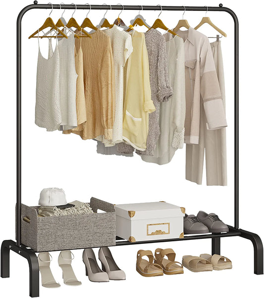 NEFOSO Clothing Garment Rack with 6 Hooks and Single Bottom Shelf Standard Clothes Organizer for Hanging Clothes, Chrome(Black)