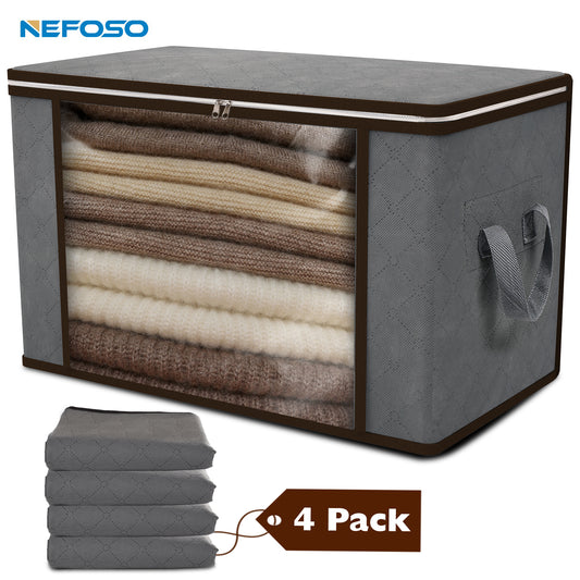 NEFOSO Clothes Storage Bags, 3/4/6Pcs Closet Storage Organizers,  90L Large Capacity Blanket Storage Bags for Clothes with Reinforced Handle and Clear Window